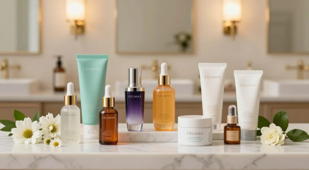A beautifully arranged Celimax skincare product display, featuring a variety of vibrant, elegantly packaged skincare items including serums and creams. In the foreground, showcase a luxurious flat lay with the products artfully arranged on a light marble surface, surrounded by delicate flowers and green leaves for a fresh, natural feel. The middle ground captures a soft-focus background of a chic bathroom setting with warm, diffused lighting emanating from golden sconces, creating an inviting atmosphere. The scene should reflect a high-end K-Beauty experience, suggesting tranquility and wellness. All elements come together to convey the essence of modern skincare, emphasizing purity and effectiveness without any people in the image. A beautifully arranged Celimax skincare product display, featuring a variety of vibrant, elegantly packaged skincare items including serums and creams. In the foreground, showcase a luxurious flat lay with the products artfully arranged on a light marble surface, surrounded by delicate flowers and green leaves for a fresh, natural feel. The middle ground captures a soft-focus background of a chic bathroom setting with warm, diffused lighting emanating from golden sconces, creating an inviting atmosphere. The scene should reflect a high-end K-Beauty experience, suggesting tranquility and wellness. All elements come together to convey the essence of modern skincare, emphasizing purity and effectiveness without any people in the image.