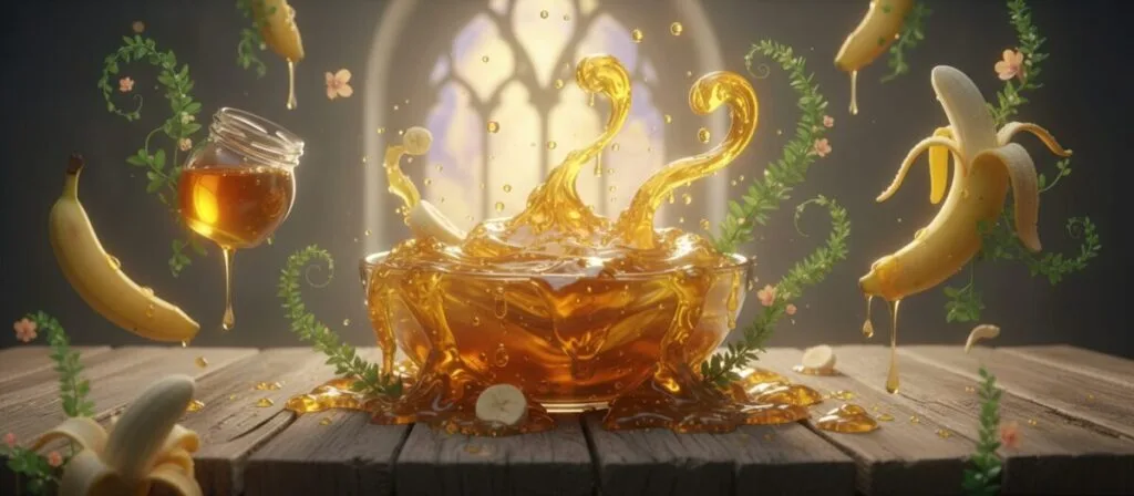 A beautifully arranged bowl of a banana and honey face mask sits on a rustic wooden table. The mask's vibrant yellow color is speckled with tiny flecks of honey, giving it a rich, glossy texture. Surrounding the bowl, fresh bananas and a jar of golden honey create a warm, inviting scene. In the background, soft diffusion of natural light streams through a nearby window, casting gentle shadows and enhancing the colors of the ingredients. The ambiance is calm and soothing, with a touch of elegance, suitable for a pampering evening routine. Include delicate greenery around the setup to evoke freshness and natural skincare. The focus should capture the textures of the mask while emphasizing the wholesome ingredients used, creating a serene atmosphere that reflects relaxation and revitalization. A beautifully arranged bowl of a banana and honey face mask sits on a rustic wooden table. The mask's vibrant yellow color is speckled with tiny flecks of honey, giving it a rich, glossy texture. Surrounding the bowl, fresh bananas and a jar of golden honey create a warm, inviting scene. In the background, soft diffusion of natural light streams through a nearby window, casting gentle shadows and enhancing the colors of the ingredients. The ambiance is calm and soothing, with a touch of elegance, suitable for a pampering evening routine. Include delicate greenery around the setup to evoke freshness and natural skincare. The focus should capture the textures of the mask while emphasizing the wholesome ingredients used, creating a serene atmosphere that reflects relaxation and revitalization.