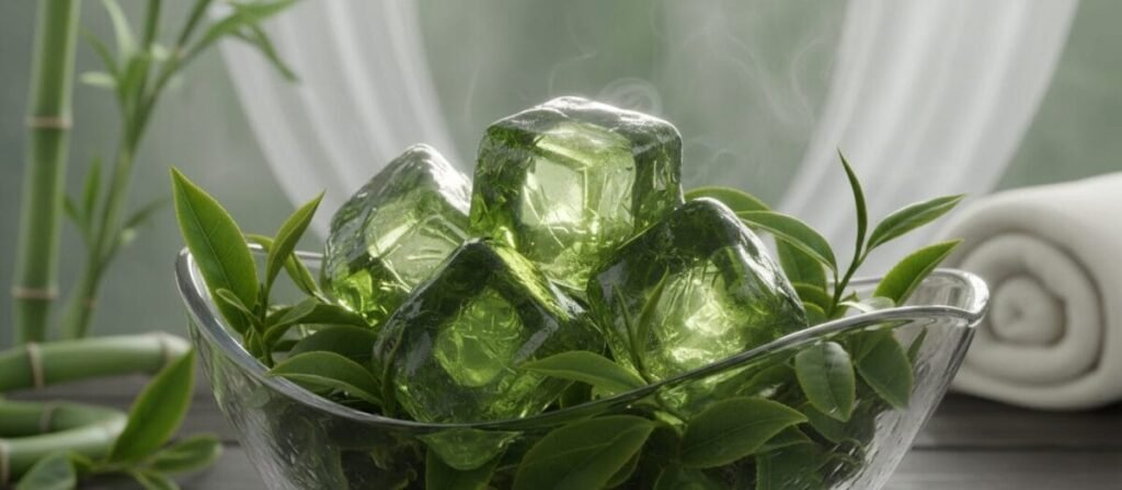 A beautifully arranged close-up of green tea ice cubes sitting in a clear, elegant glass bowl filled with fresh green tea leaves. The ice cubes are perfectly formed, glistening in the soft, natural light, reflecting shades of green and hints of amber. In the background, a blurred, serene spa-like setting adds to the calming atmosphere, with gentle hints of bamboo and soft white linens. The mood is tranquil and refreshing, aiming to evoke a sense of relaxation and rejuvenation. The focus is on the ice cubes, showcasing their unique texture and color while the background remains softly out of focus, emphasizing the subject.