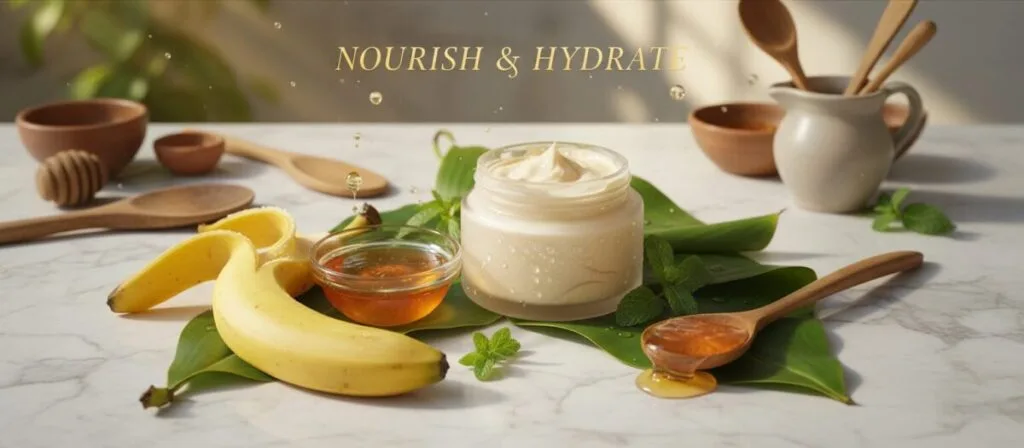 A beautifully arranged flat lay image of banana and honey mask ingredients on a marble countertop. The foreground showcases a freshly peeled banana and a small bowl of golden honey, with a wooden spoon resting beside it. In the middle ground, there's a glass jar filled with a creamy, blended banana and honey mixture, with tiny droplets glistening on the glass. Surrounding these elements are delicate green leaves and a sprig of mint for added freshness. The background is softly blurred, hinting at rustic kitchen utensils and natural light streaming in from a window, creating a warm, inviting atmosphere. The image captures the essence of nourishment and hydration, ideal for a skincare guide. A beautifully arranged flat lay image of banana and honey mask ingredients on a marble countertop. The foreground showcases a freshly peeled banana and a small bowl of golden honey, with a wooden spoon resting beside it. In the middle ground, there's a glass jar filled with a creamy, blended banana and honey mixture, with tiny droplets glistening on the glass. Surrounding these elements are delicate green leaves and a sprig of mint for added freshness. The background is softly blurred, hinting at rustic kitchen utensils and natural light streaming in from a window, creating a warm, inviting atmosphere. The image captures the essence of nourishment and hydration, ideal for a skincare guide.