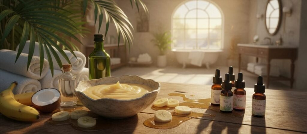 A beautifully arranged scene showcasing a natural skincare mask made of honey and banana. In the foreground, there’s a small, artisanal bowl filled with a creamy, golden honey and banana mixture, surrounded by fresh banana slices and a drizzle of honey. Next to the bowl, a selection of fresh ingredients like coconut oil, olive oil, and essential oils are artistically placed. In the middle ground, lush green leaves and soft spa towels create a calming atmosphere. The background features a soft-focus setting of a serene bathroom with natural light filtering through a window, casting gentle shadows. The overall mood is tranquil and inviting, perfect for an evening skincare ritual. The image should be captured from a slightly elevated angle to emphasize the textures and colors.