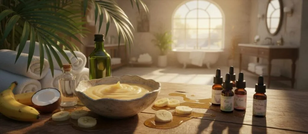 A beautifully arranged scene showcasing a natural skincare mask made of honey and banana. In the foreground, there’s a small, artisanal bowl filled with a creamy, golden honey and banana mixture, surrounded by fresh banana slices and a drizzle of honey. Next to the bowl, a selection of fresh ingredients like coconut oil, olive oil, and essential oils are artistically placed. In the middle ground, lush green leaves and soft spa towels create a calming atmosphere. The background features a soft-focus setting of a serene bathroom with natural light filtering through a window, casting gentle shadows. The overall mood is tranquil and inviting, perfect for an evening skincare ritual. The image should be captured from a slightly elevated angle to emphasize the textures and colors. A beautifully arranged scene showcasing a natural skincare mask made of honey and banana. In the foreground, there’s a small, artisanal bowl filled with a creamy, golden honey and banana mixture, surrounded by fresh banana slices and a drizzle of honey. Next to the bowl, a selection of fresh ingredients like coconut oil, olive oil, and essential oils are artistically placed. In the middle ground, lush green leaves and soft spa towels create a calming atmosphere. The background features a soft-focus setting of a serene bathroom with natural light filtering through a window, casting gentle shadows. The overall mood is tranquil and inviting, perfect for an evening skincare ritual. The image should be captured from a slightly elevated angle to emphasize the textures and colors.