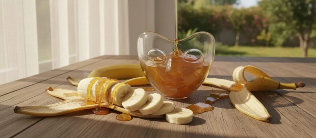 A beautifully arranged still life featuring a vibrant bowl of ripe bananas and a jar of golden honey, representing the "Máscara de Mel." In the foreground, the bananas are sliced to reveal their creamy texture, glistening honey drizzled artistically over them. In the middle, a delicate, clear glass bowl holds a smooth, golden honey mask, surrounded by banana peels adding a natural feel. The background is softly blurred, showcasing a rustic wooden table with natural sunlight filtering through sheer white curtains, casting gentle shadows. The overall mood is warm and inviting, emphasizing beauty and nourishment, perfect for illustrating the powerful benefits of banana and honey for skin hydration. The lighting is soft and natural, highlighting the textures of the ingredients. A beautifully arranged still life featuring a vibrant bowl of ripe bananas and a jar of golden honey, representing the "Máscara de Mel." In the foreground, the bananas are sliced to reveal their creamy texture, glistening honey drizzled artistically over them. In the middle, a delicate, clear glass bowl holds a smooth, golden honey mask, surrounded by banana peels adding a natural feel. The background is softly blurred, showcasing a rustic wooden table with natural sunlight filtering through sheer white curtains, casting gentle shadows. The overall mood is warm and inviting, emphasizing beauty and nourishment, perfect for illustrating the powerful benefits of banana and honey for skin hydration. The lighting is soft and natural, highlighting the textures of the ingredients.