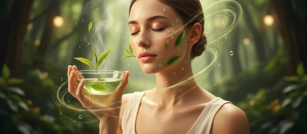 A close-up image of a young woman with clear, radiant skin, gently applying a green tea facial toner. Her expression is calm and serene, embodying a sense of rejuvenation and freshness. The green tea is in a small, elegant glass bowl held near her face, with a few leaves artfully placed around. The background features soft, blurred greenery, enhancing the natural theme. The lighting is soft and diffused, creating a warm and inviting atmosphere that highlights her skin's glow. The scene conveys a feeling of simplicity and purity, emphasizing the benefits of green tea for skin care. The woman is dressed in a modest, light-colored sleeveless top, maintaining a professional and polished appearance.