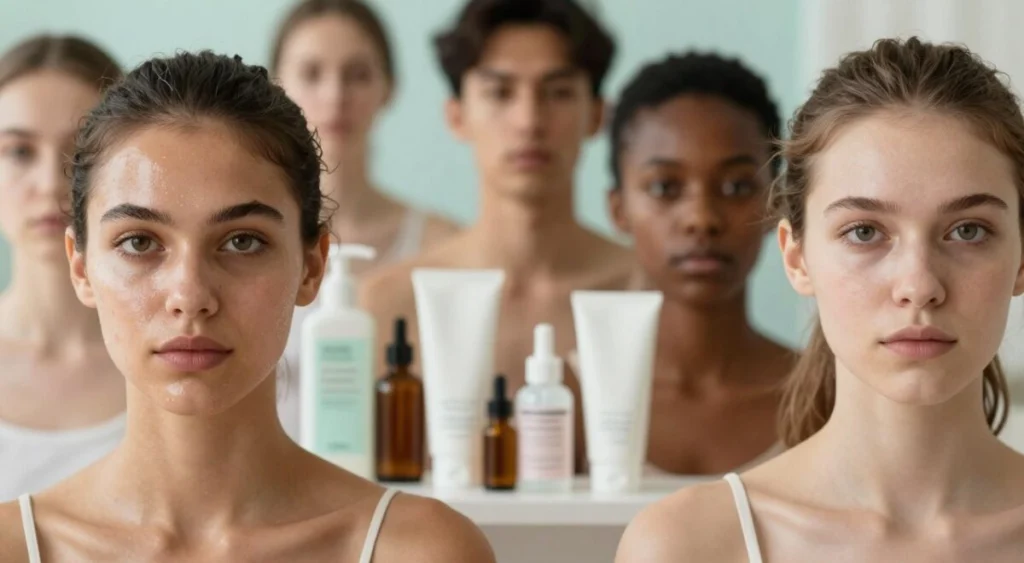 A close-up portrait of a diverse group of individuals, each showcasing different skin types: oily, dry, combination, and normal skin. In the foreground, a person with visibly shiny skin, looking confident; beside them, another individual with a matte, smooth complexion. The middle layer features various facial skincare products organized neatly, such as moisturizers, cleansers, and oils. The background is softly blurred to highlight the main subjects, with a calming pastel color palette contributing to a soothing atmosphere. Soft, natural lighting illuminates the scene, enhancing the textures of the skin without harsh shadows. The image conveys a sense of professional expertise, inviting viewers to understand and identify various skin types for effective skincare routines.