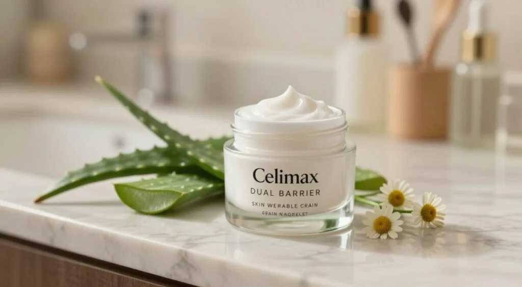 A close-up view of a luxurious jar of Celimax Dual Barrier Skin Wearable Cream placed elegantly on a polished marble countertop. The foreground features the cream’s rich texture glistening under soft natural light, inviting and smooth. In the middle, a subtle arrangement of botanical elements, like fresh aloe vera leaves and delicate chamomile flowers, enhances the natural ingredients theme. The background consists of a softly blurred, warm-toned bathroom setting with elegant skincare tools, evoking a serene atmosphere. The lighting is soft and diffused, creating a calming and inviting mood. The overall composition conveys a sense of high-end skincare, promoting the idea of transformation and self-care in daily routines. A close-up view of a luxurious jar of Celimax Dual Barrier Skin Wearable Cream placed elegantly on a polished marble countertop. The foreground features the cream’s rich texture glistening under soft natural light, inviting and smooth. In the middle, a subtle arrangement of botanical elements, like fresh aloe vera leaves and delicate chamomile flowers, enhances the natural ingredients theme. The background consists of a softly blurred, warm-toned bathroom setting with elegant skincare tools, evoking a serene atmosphere. The lighting is soft and diffused, creating a calming and inviting mood. The overall composition conveys a sense of high-end skincare, promoting the idea of transformation and self-care in daily routines.