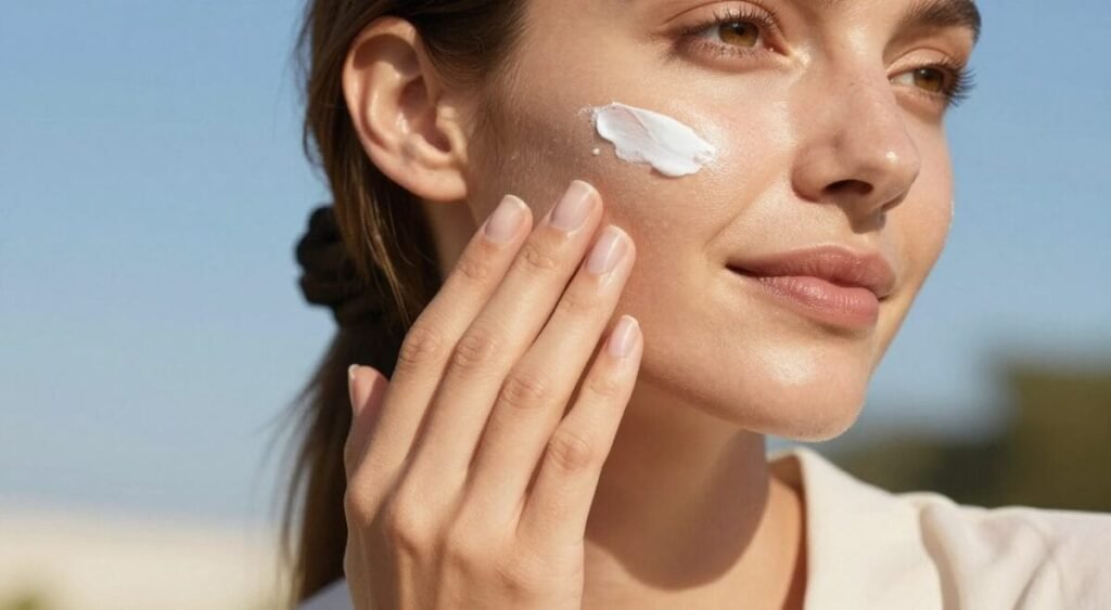 A close-up view of a woman applying facial sunscreen on her cheek, emphasizing the texture of the sunscreen as she gently spreads it to provide adequate coverage against the sun. Her skin appears healthy and glowing, showcasing a clear blue sky in the background, suggesting a sunny day. The lighting is soft and natural, creating a warm, inviting atmosphere. The woman is dressed in a simple, light-colored blouse, conveying a casual yet polished look. In the background, subtle hints of nature, like leaves or flowers, can be seen to enhance the idea of skincare and outdoor activity. The focus is on her face and the protection she is applying, illustrating the importance of daily sun protection in an effective skincare routine.