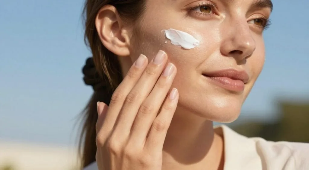 A close-up view of a woman applying facial sunscreen on her cheek, emphasizing the texture of the sunscreen as she gently spreads it to provide adequate coverage against the sun. Her skin appears healthy and glowing, showcasing a clear blue sky in the background, suggesting a sunny day. The lighting is soft and natural, creating a warm, inviting atmosphere. The woman is dressed in a simple, light-colored blouse, conveying a casual yet polished look. In the background, subtle hints of nature, like leaves or flowers, can be seen to enhance the idea of skincare and outdoor activity. The focus is on her face and the protection she is applying, illustrating the importance of daily sun protection in an effective skincare routine.