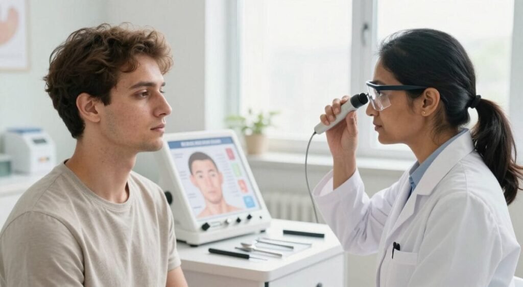 A professional dermatologist examining a patient's skin in a well-lit clinical environment. In the foreground, the dermatologist, a middle-aged South Asian woman wearing a white lab coat and safety glasses, is closely inspecting the patient's skin with a dermatoscope. The patient, a young Caucasian male in a neutral-colored t-shirt, appears calm and attentive. In the middle ground, clinical tools and a skin chart are arranged neatly on a desk, emphasizing a sense of organization and professionalism. The background features a soft-focus view of a bright, welcoming clinic with soothing colors and natural light streaming through large windows. The overall atmosphere is reassuring and informative, illustrating the importance of seeking professional help for skin issues.