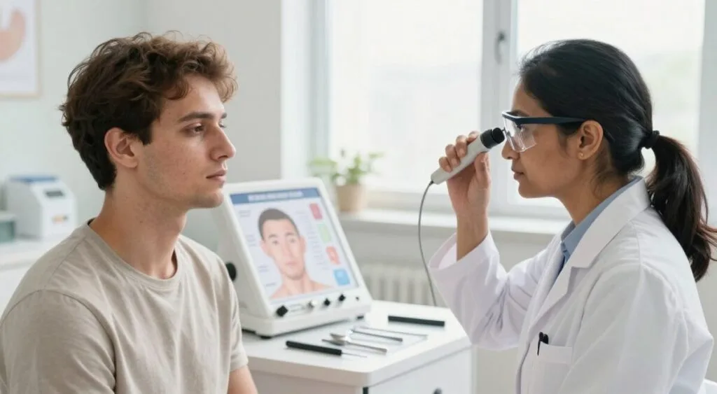 A professional dermatologist examining a patient's skin in a well-lit clinical environment. In the foreground, the dermatologist, a middle-aged South Asian woman wearing a white lab coat and safety glasses, is closely inspecting the patient's skin with a dermatoscope. The patient, a young Caucasian male in a neutral-colored t-shirt, appears calm and attentive. In the middle ground, clinical tools and a skin chart are arranged neatly on a desk, emphasizing a sense of organization and professionalism. The background features a soft-focus view of a bright, welcoming clinic with soothing colors and natural light streaming through large windows. The overall atmosphere is reassuring and informative, illustrating the importance of seeking professional help for skin issues.