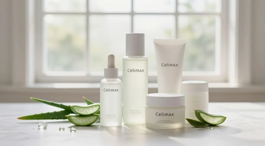A serene and elegant skincare setup showcasing Celimax products, centered around clean, minimalist design. In the foreground, include a neatly arranged collection of Celimax's skincare bottles and jars with sleek, modern packaging, reflecting a commitment to clean formulas. The middle ground features fresh ingredients like aloe vera, green tea leaves, and hyaluronic acid droplets, symbolizing the natural essence of the brand. The background consists of soft, diffused natural light pouring in from a large window, illuminating the scene and creating a calm atmosphere. The overall mood is refreshing and tranquil, inviting viewers to embrace a skincare routine that prioritizes purity and effectiveness. Use a soft focus lens to achieve a dreamy quality, enhancing the feeling of serenity in this skincare ritual. A serene and elegant skincare setup showcasing Celimax products, centered around clean, minimalist design. In the foreground, include a neatly arranged collection of Celimax's skincare bottles and jars with sleek, modern packaging, reflecting a commitment to clean formulas. The middle ground features fresh ingredients like aloe vera, green tea leaves, and hyaluronic acid droplets, symbolizing the natural essence of the brand. The background consists of soft, diffused natural light pouring in from a large window, illuminating the scene and creating a calm atmosphere. The overall mood is refreshing and tranquil, inviting viewers to embrace a skincare routine that prioritizes purity and effectiveness. Use a soft focus lens to achieve a dreamy quality, enhancing the feeling of serenity in this skincare ritual.