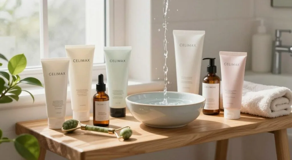 A serene and inviting bathroom setting, showcasing a wooden shelf adorned with a range of Celimax skincare products including cleansers, serums, and moisturizers. In the foreground, a neatly arranged facial roller and a fresh green plant add a touch of nature. The middle ground features a stylish ceramic bowl filled with water for a refreshing splash effect. Soft, diffused natural light streams in through a frosted window, casting gentle shadows and creating a calming atmosphere. The background displays elegant bathroom fixtures and a soft, fluffy towel. The scene conveys a sense of tranquility and self-care, inviting viewers to integrate these products into their daily routine. The color palette is soft pastels, enhancing a peaceful mood. A serene and inviting bathroom setting, showcasing a wooden shelf adorned with a range of Celimax skincare products including cleansers, serums, and moisturizers. In the foreground, a neatly arranged facial roller and a fresh green plant add a touch of nature. The middle ground features a stylish ceramic bowl filled with water for a refreshing splash effect. Soft, diffused natural light streams in through a frosted window, casting gentle shadows and creating a calming atmosphere. The background displays elegant bathroom fixtures and a soft, fluffy towel. The scene conveys a sense of tranquility and self-care, inviting viewers to integrate these products into their daily routine. The color palette is soft pastels, enhancing a peaceful mood.