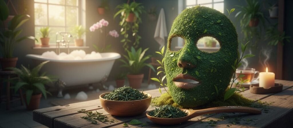 A serene and inviting scene featuring a lush green face mask made from natural ingredients, prominently displayed on a rustic wooden table. In the foreground, a small bowl filled with green tea leaves and a wooden spoon lies beside the mask, emphasizing the natural theme. The middle ground shows a soft, blurred backdrop of a cozy bathroom with potted plants and soft lighting, creating a calming atmosphere. The lighting is warm and diffused, suggesting a soothing ambiance perfect for a skincare routine. The overall mood is tranquil and refreshing, inviting viewers to explore the benefits of green tea for the skin.