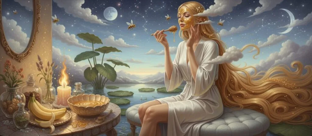 A serene and inviting scene of a woman applying a honey and banana facial mask in a softly lit bathroom. She is depicted with long, flowing hair, wearing a comfortable and modest white robe. In the foreground, her hands gently apply the creamy mixture to her cheeks with a small wooden spatula. The middle ground features a beautifully arranged vanity with a bowl of honey, bananas, and natural skincare tools, conveying a sense of luxury and self-care. In the background, warm light from a candle flickers, casting a soft glow over the scene, while leafy plants add a touch of nature. The atmosphere is calm, intimate, and rejuvenating, inviting the viewer into a moment of tranquility and self-pampering. A serene and inviting scene of a woman applying a honey and banana facial mask in a softly lit bathroom. She is depicted with long, flowing hair, wearing a comfortable and modest white robe. In the foreground, her hands gently apply the creamy mixture to her cheeks with a small wooden spatula. The middle ground features a beautifully arranged vanity with a bowl of honey, bananas, and natural skincare tools, conveying a sense of luxury and self-care. In the background, warm light from a candle flickers, casting a soft glow over the scene, while leafy plants add a touch of nature. The atmosphere is calm, intimate, and rejuvenating, inviting the viewer into a moment of tranquility and self-pampering.