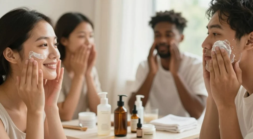 A serene and inviting skincare routine scene, featuring a close-up of a diverse group of people engaging in facial care. In the foreground, a woman with glowing skin applies a soothing cream while smiling, showcasing the joy of self-care. Beside her, a man gently cleanses his face, emphasizing the importance of skincare for health. In the middle ground, a neatly arranged collection of skincare products—serums, moisturizers, and masks—sets an organized, calming atmosphere. The background features soft, natural lighting filtering through a window, creating a warm and relaxing environment. The overall mood is uplifting and nurturing, reflecting a commitment to skin health and well-being. Capture this moment with a slightly blurred depth of field for emphasis on the subjects.