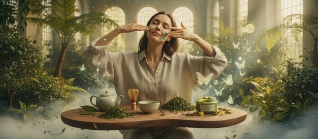 A serene and inviting skincare scene featuring a woman in modest, casual clothing applying green tea-infused skincare products to her face. In the foreground, a wooden table displays various green tea elements: loose leaves, a steaming cup, and a calming face mask. The middle background showcases a lush indoor garden with soft, natural light filtering through large windows, creating a warm and peaceful atmosphere. The woman’s expression is relaxed and content, embodying the rejuvenating benefits of green tea for the skin. Utilize a soft focus lens with gentle, diffused lighting to enhance the tranquil mood, and maintain a warm color palette of greens and earthy tones to emphasize the natural ingredients and holistic skincare benefits.