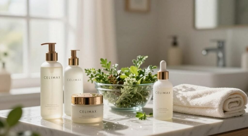 A serene bathroom scene bathed in soft, natural light, showcasing a luxurious skincare setup featuring the Celimax products. In the foreground, an elegantly arranged display of Celimax bottles and jars, with water droplets glistening on their surfaces, suggesting deep hydration. In the middle, a glass bowl filled with fresh, vibrant herbs and a delicate towel, complementing the skincare theme. In the background, a softly blurred window with flowing sheer curtains, allowing gentle sunlight to filter in. The atmosphere exudes tranquility and rejuvenation, emphasizing a sense of self-care and transformation. A subtle depth of field creates a dreamy effect, inviting viewers to imagine the results of an effective skincare routine.