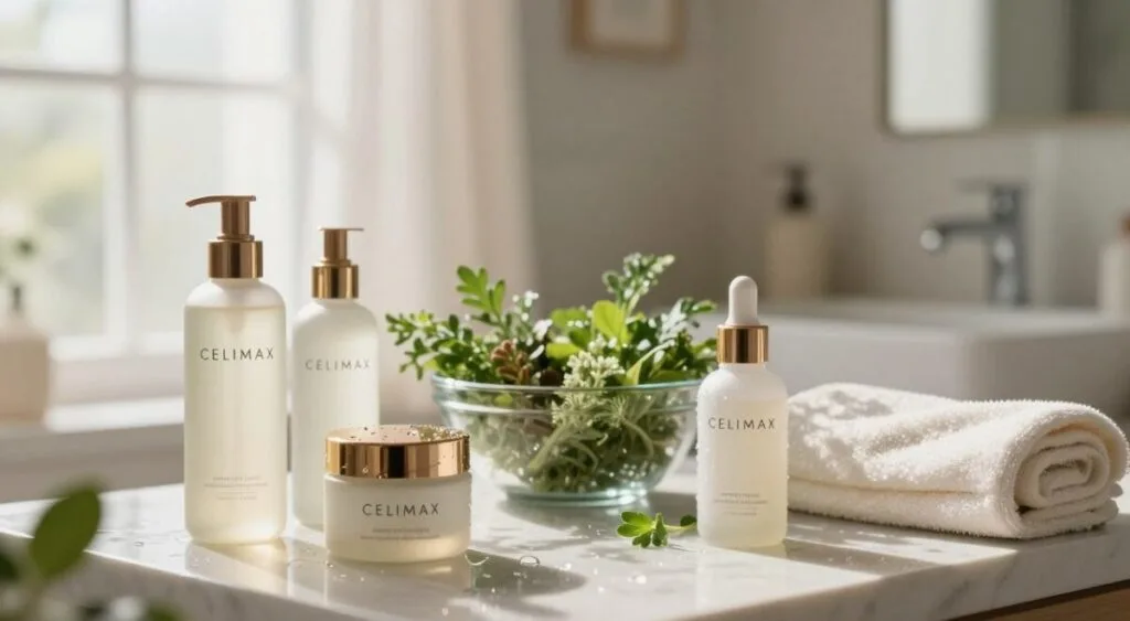 A serene bathroom scene bathed in soft, natural light, showcasing a luxurious skincare setup featuring the Celimax products. In the foreground, an elegantly arranged display of Celimax bottles and jars, with water droplets glistening on their surfaces, suggesting deep hydration. In the middle, a glass bowl filled with fresh, vibrant herbs and a delicate towel, complementing the skincare theme. In the background, a softly blurred window with flowing sheer curtains, allowing gentle sunlight to filter in. The atmosphere exudes tranquility and rejuvenation, emphasizing a sense of self-care and transformation. A subtle depth of field creates a dreamy effect, inviting viewers to imagine the results of an effective skincare routine. A serene bathroom scene bathed in soft, natural light, showcasing a luxurious skincare setup featuring the Celimax products. In the foreground, an elegantly arranged display of Celimax bottles and jars, with water droplets glistening on their surfaces, suggesting deep hydration. In the middle, a glass bowl filled with fresh, vibrant herbs and a delicate towel, complementing the skincare theme. In the background, a softly blurred window with flowing sheer curtains, allowing gentle sunlight to filter in. The atmosphere exudes tranquility and rejuvenation, emphasizing a sense of self-care and transformation. A subtle depth of field creates a dreamy effect, inviting viewers to imagine the results of an effective skincare routine.