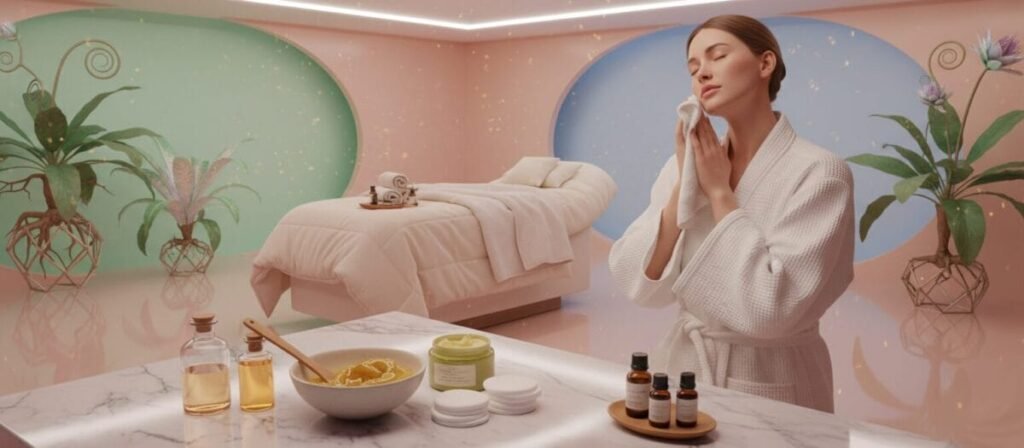 A serene beauty salon scene featuring a woman preparing for a facial treatment. In the foreground, a marble countertop displays an array of natural skincare products, including a banana and honey mask. The woman, dressed in a modest white facial robe, gently cleanses her face with a soft cloth. In the middle ground, a plush treatment bed is adorned with fresh towels and calming essential oils, while soft, diffused lighting casts a warm glow throughout the room. The background showcases soothing pastel-colored walls and a few potted plants, adding to the tranquil atmosphere. The overall mood is relaxing and inviting, suggesting a self-care ritual that prepares the skin for nighttime hydration.