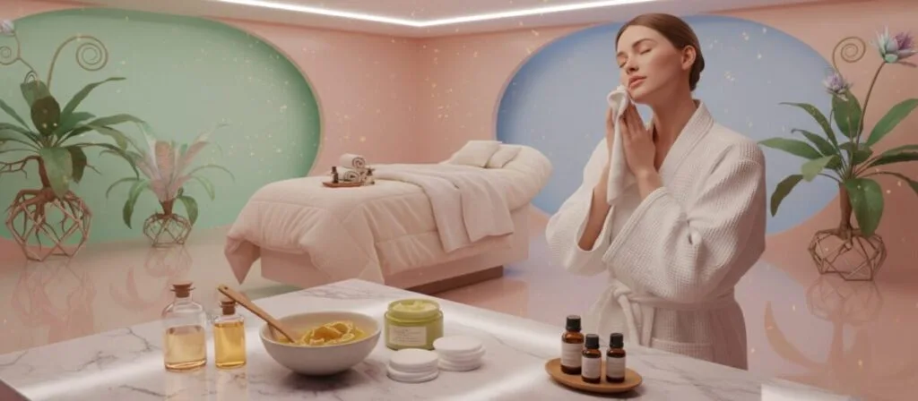 A serene beauty salon scene featuring a woman preparing for a facial treatment. In the foreground, a marble countertop displays an array of natural skincare products, including a banana and honey mask. The woman, dressed in a modest white facial robe, gently cleanses her face with a soft cloth. In the middle ground, a plush treatment bed is adorned with fresh towels and calming essential oils, while soft, diffused lighting casts a warm glow throughout the room. The background showcases soothing pastel-colored walls and a few potted plants, adding to the tranquil atmosphere. The overall mood is relaxing and inviting, suggesting a self-care ritual that prepares the skin for nighttime hydration. A serene beauty salon scene featuring a woman preparing for a facial treatment. In the foreground, a marble countertop displays an array of natural skincare products, including a banana and honey mask. The woman, dressed in a modest white facial robe, gently cleanses her face with a soft cloth. In the middle ground, a plush treatment bed is adorned with fresh towels and calming essential oils, while soft, diffused lighting casts a warm glow throughout the room. The background showcases soothing pastel-colored walls and a few potted plants, adding to the tranquil atmosphere. The overall mood is relaxing and inviting, suggesting a self-care ritual that prepares the skin for nighttime hydration.