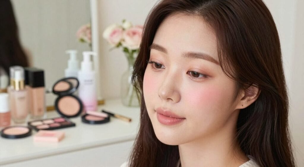 A serene beauty scene featuring a professional woman displaying Korean makeup trends. In the foreground, focus on her softly glowing skin, accentuated by a natural-looking BB cream, with gentle blush on her cheeks and a subtle spray of highlight. Her eyes are adorned with light, shimmery eyeshadow, accentuated by long, fluttery lashes and a natural lip color. In the middle ground, include a well-organized vanity table with Korean skincare and makeup products—glossy serums, cushion compacts, and a palette of soft pastel colors. The background should depict a cozy, softly lit room with delicate decor, creating a calm and inviting atmosphere. Use soft, diffused lighting to enhance the serene mood and emphasize the natural beauty of the makeup.