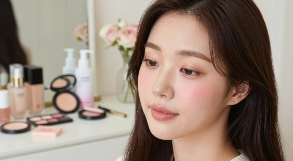 A serene beauty scene featuring a professional woman displaying Korean makeup trends. In the foreground, focus on her softly glowing skin, accentuated by a natural-looking BB cream, with gentle blush on her cheeks and a subtle spray of highlight. Her eyes are adorned with light, shimmery eyeshadow, accentuated by long, fluttery lashes and a natural lip color. In the middle ground, include a well-organized vanity table with Korean skincare and makeup products—glossy serums, cushion compacts, and a palette of soft pastel colors. The background should depict a cozy, softly lit room with delicate decor, creating a calm and inviting atmosphere. Use soft, diffused lighting to enhance the serene mood and emphasize the natural beauty of the makeup. A serene beauty scene featuring a professional woman displaying Korean makeup trends. In the foreground, focus on her softly glowing skin, accentuated by a natural-looking BB cream, with gentle blush on her cheeks and a subtle spray of highlight. Her eyes are adorned with light, shimmery eyeshadow, accentuated by long, fluttery lashes and a natural lip color. In the middle ground, include a well-organized vanity table with Korean skincare and makeup products—glossy serums, cushion compacts, and a palette of soft pastel colors. The background should depict a cozy, softly lit room with delicate decor, creating a calm and inviting atmosphere. Use soft, diffused lighting to enhance the serene mood and emphasize the natural beauty of the makeup.