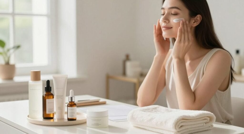 A serene, bright workspace designed for skincare preparation, featuring a beautifully arranged vanity table. In the foreground, a set of high-quality skincare products like serums and moisturizers, stylishly displayed alongside a soft, elegant towel. The middle ground showcases a model with clear, radiant skin, wearing modest, casual clothing, gently applying a hydrating cream to their face. The background features a soft-focus scene of a well-lit room with natural light streaming in through a window, illuminating the space. The overall atmosphere is fresh and clean, exuding a calming vibe that emphasizes a meticulous skincare routine for achieving an impeccable look. The composition should capture a sense of tranquility and elegance, ideal for a beauty-focused theme.