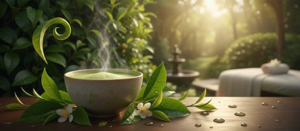 A serene composition showcasing a close-up view of a calming green tea infusion, highlighting a fresh, steaming cup of matcha against a backdrop of lush green tea leaves and a soft-focus garden. In the foreground, delicate tea leaves and an elegant ceramic teacup are arranged artfully, with droplets of water shimmering, symbolizing hydration and rejuvenation for the skin. The middle ground features a subtle, blurred image of a serene spa setting, infused with natural light that creates a feeling of tranquility and well-being. The overall atmosphere is peaceful and restorative, evoking the antioxidant and anti-inflammatory benefits of green tea for the skin. The lighting is soft and natural, resembling the golden hour, with a shallow depth of field to create a dreamlike quality.