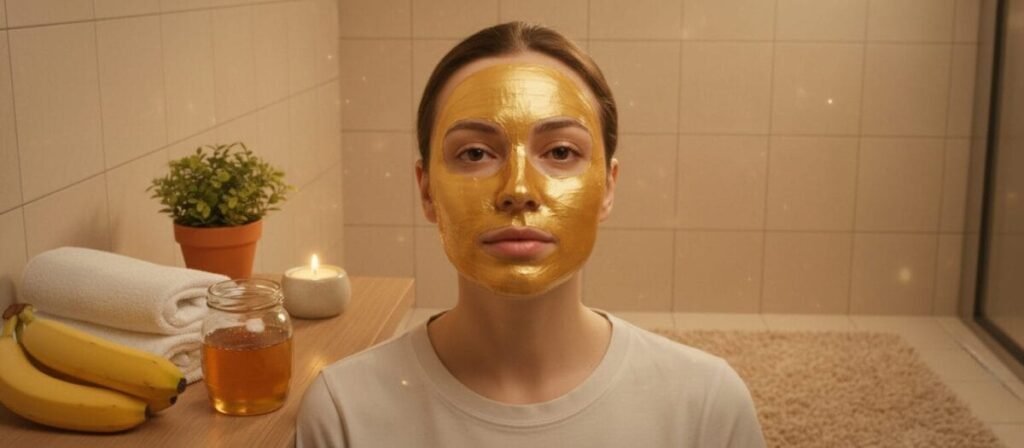 A serene, inviting bathroom scene featuring a luxurious honey facial mask applied to a beautifully lit, serene face of a woman in modest casual clothing, showcasing smooth skin and a peaceful expression. The foreground highlights natural ingredients like ripe bananas and a jar of golden honey, artistically arranged with a soft towel nearby. In the middle ground, a gentle glow emanates from a candle flickering near a small plant, enhancing the relaxing ambiance. The background consists of warm, neutral tiles and a fluffy bath mat, creating a cozy atmosphere. The lighting is soft and warm, reminiscent of candlelight, with a slight focus on the woman's face to emphasize the soothing qualities of the honey mask. The mood is tranquil and rejuvenating, ideal for conveying the secrets of effective nighttime hydration.