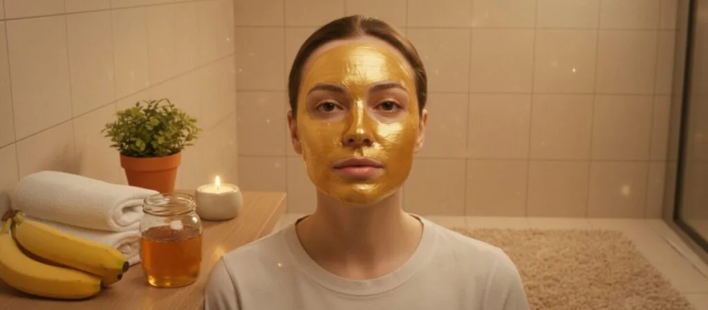 A serene, inviting bathroom scene featuring a luxurious honey facial mask applied to a beautifully lit, serene face of a woman in modest casual clothing, showcasing smooth skin and a peaceful expression. The foreground highlights natural ingredients like ripe bananas and a jar of golden honey, artistically arranged with a soft towel nearby. In the middle ground, a gentle glow emanates from a candle flickering near a small plant, enhancing the relaxing ambiance. The background consists of warm, neutral tiles and a fluffy bath mat, creating a cozy atmosphere. The lighting is soft and warm, reminiscent of candlelight, with a slight focus on the woman's face to emphasize the soothing qualities of the honey mask. The mood is tranquil and rejuvenating, ideal for conveying the secrets of effective nighttime hydration. A serene, inviting bathroom scene featuring a luxurious honey facial mask applied to a beautifully lit, serene face of a woman in modest casual clothing, showcasing smooth skin and a peaceful expression. The foreground highlights natural ingredients like ripe bananas and a jar of golden honey, artistically arranged with a soft towel nearby. In the middle ground, a gentle glow emanates from a candle flickering near a small plant, enhancing the relaxing ambiance. The background consists of warm, neutral tiles and a fluffy bath mat, creating a cozy atmosphere. The lighting is soft and warm, reminiscent of candlelight, with a slight focus on the woman's face to emphasize the soothing qualities of the honey mask. The mood is tranquil and rejuvenating, ideal for conveying the secrets of effective nighttime hydration.