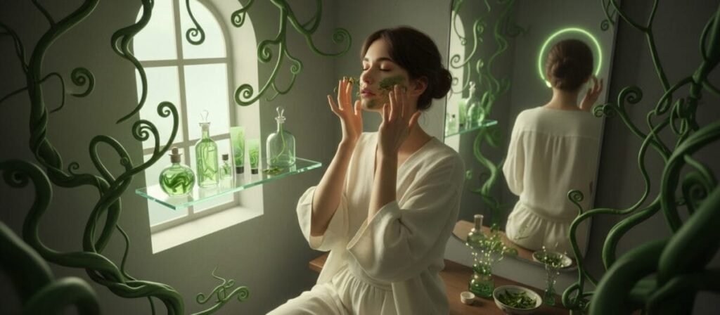 A serene portrait of a woman with a calm expression, gently applying green tea on her face as a skincare treatment. She has medium-length, dark hair pulled back, wearing casual but modest clothing that evokes a sense of relaxation and self-care. The setting is a bright, airy bathroom with soft natural light streaming through a window, casting gentle shadows. In the background, there are plants and a few wellness products, adding to the relaxing atmosphere. The focus is on her face, highlighting the fresh green tea leaves in a small bowl beside her. The shot is taken from a slightly elevated angle to capture the serene details of her skincare routine, embodying a tranquil and rejuvenating mood.