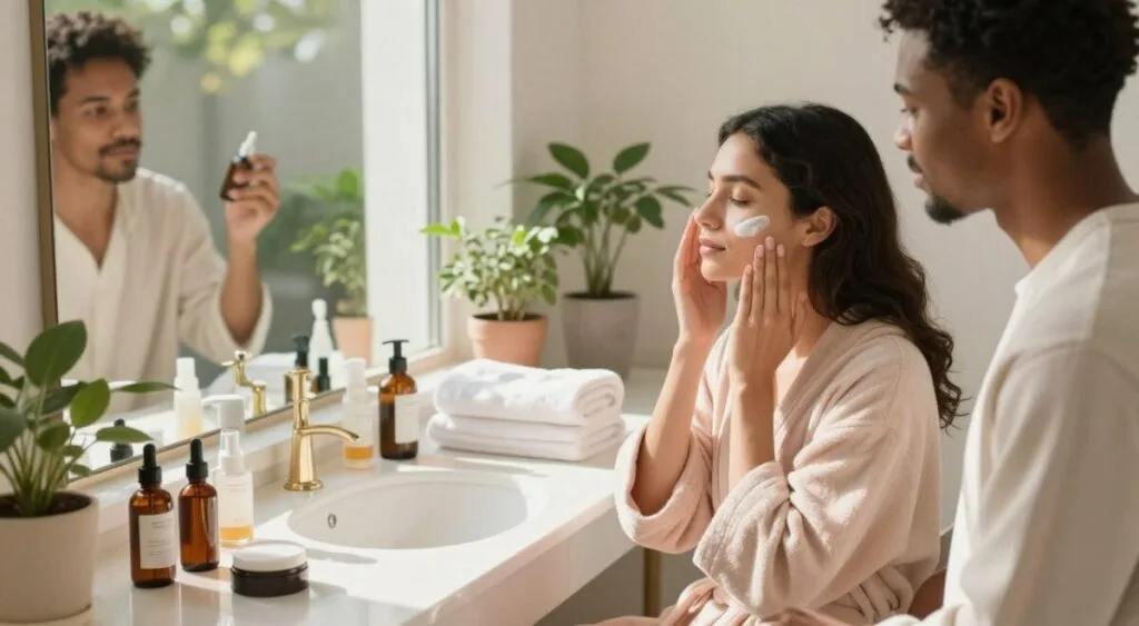 A serene skincare routine scene featuring a diverse group of three individuals engaged in essential steps for healthy skin care. In the foreground, a woman in a soft pastel bathrobe applies a moisturizer to her cheek, while another person, a man in light casual attire, examines a serum bottle. The background displays a well-organized vanity with elegant skincare products, soft fluffy towels, and a calming set of potted plants. Natural sunlight streams in through a large window, creating a warm, inviting atmosphere with gentle shadows. The mood is tranquil and refreshing, highlighting beauty and self-care. Capture the scene from a slightly elevated angle to include the vanity and surrounding decor, emphasizing a lifestyle of wellness and routine.