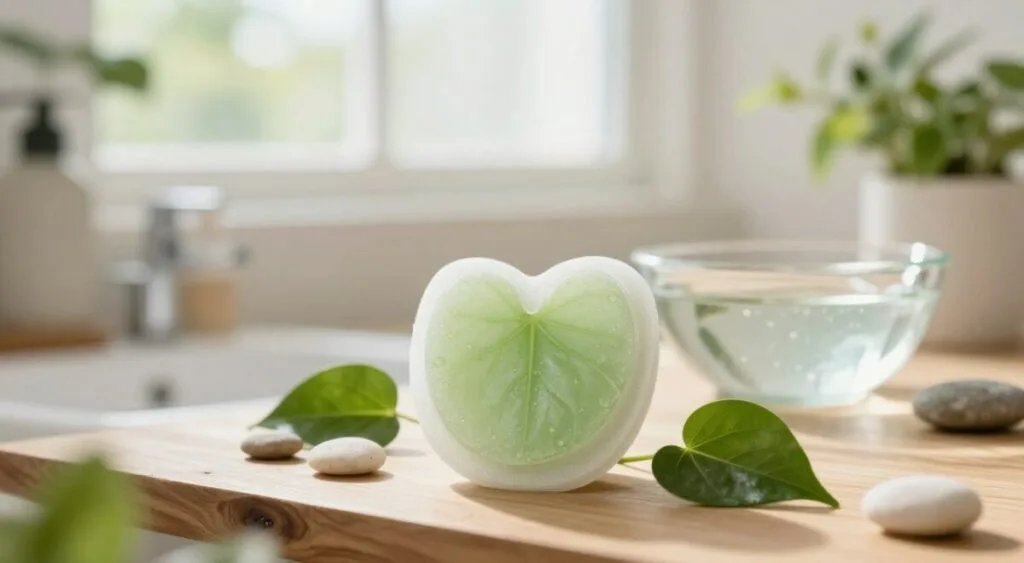 A soft and inviting scene showcasing the Celimax Jiwoogae Heartleaf BHA Peeling Pad in the foreground, elegantly placed on a natural wooden surface. The pad is surrounded by delicate green leaves and small pebbles, emphasizing its organic and gentle nature. In the middle ground, a serene bathroom setting includes plants and a sparkling water bowl to reflect rejuvenation. The background features a softly glowing window with daylight streaming in, creating a warm, calming atmosphere. The lighting is bright yet diffused, enhancing the fresh and clean feel of the environment. The mood is tranquil and inviting, ideal for a skincare routine. A soft and inviting scene showcasing the Celimax Jiwoogae Heartleaf BHA Peeling Pad in the foreground, elegantly placed on a natural wooden surface. The pad is surrounded by delicate green leaves and small pebbles, emphasizing its organic and gentle nature. In the middle ground, a serene bathroom setting includes plants and a sparkling water bowl to reflect rejuvenation. The background features a softly glowing window with daylight streaming in, creating a warm, calming atmosphere. The lighting is bright yet diffused, enhancing the fresh and clean feel of the environment. The mood is tranquil and inviting, ideal for a skincare routine.