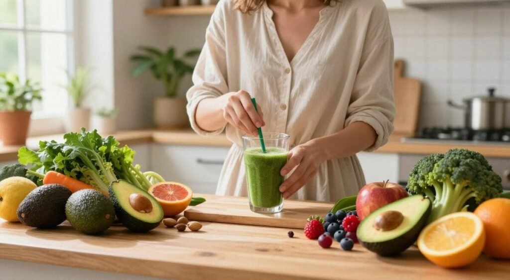 A vibrant and colorful scene depicting a healthy food spread that benefits skin health. In the foreground, a beautifully arranged table filled with fresh fruits and vegetables, such as avocados, berries, leafy greens, and nuts, all exuding freshness. In the middle ground, a nurturing figure in modest, casual clothing is carefully preparing a smoothie, symbolizing a commitment to healthy eating for skin care. Soft natural light filters through a nearby window, creating a warm and inviting atmosphere, highlighting the textures and colors of the food. In the background, a serene kitchen setting with plants, emphasizing a harmonious lifestyle. The overall mood should convey a sense of wellness, vitality, and care, promoting healthy eating for radiant skin.