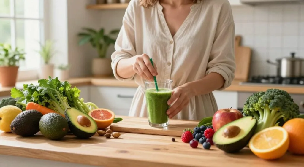 A vibrant and colorful scene depicting a healthy food spread that benefits skin health. In the foreground, a beautifully arranged table filled with fresh fruits and vegetables, such as avocados, berries, leafy greens, and nuts, all exuding freshness. In the middle ground, a nurturing figure in modest, casual clothing is carefully preparing a smoothie, symbolizing a commitment to healthy eating for skin care. Soft natural light filters through a nearby window, creating a warm and inviting atmosphere, highlighting the textures and colors of the food. In the background, a serene kitchen setting with plants, emphasizing a harmonious lifestyle. The overall mood should convey a sense of wellness, vitality, and care, promoting healthy eating for radiant skin.
