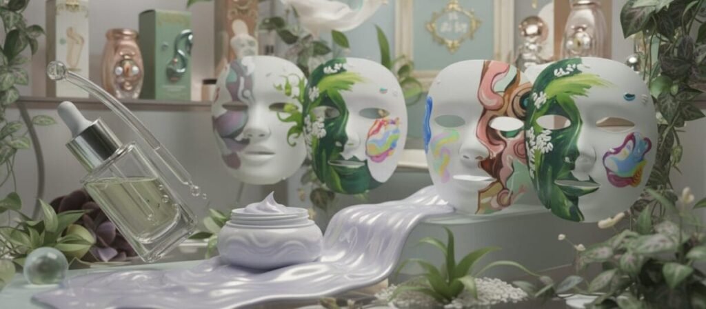 A visually appealing arrangement of Korean skincare products, featuring vibrant tubes, elegant jars, and ornate packaging. In the foreground, a close-up of a glossy serum bottle with a dropper, beside a pastel-toned moisturizer. In the middle, a variety of sheet masks display intricate designs, artists' palettes, and natural ingredients like green tea and rice. The background showcases a soft-focus shelf lined with stylish product boxes and lush plants for a soothing atmosphere. Soft, diffused lighting accentuates the colors and textures of the products, enhancing the mood of luxury and care. The scene is shot from a slightly elevated angle, inviting viewers to explore the world of Korean skincare.