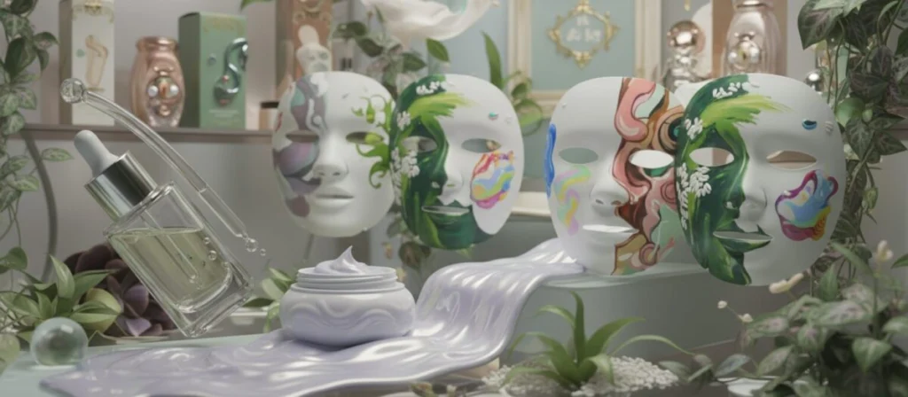 A visually appealing arrangement of Korean skincare products, featuring vibrant tubes, elegant jars, and ornate packaging. In the foreground, a close-up of a glossy serum bottle with a dropper, beside a pastel-toned moisturizer. In the middle, a variety of sheet masks display intricate designs, artists' palettes, and natural ingredients like green tea and rice. The background showcases a soft-focus shelf lined with stylish product boxes and lush plants for a soothing atmosphere. Soft, diffused lighting accentuates the colors and textures of the products, enhancing the mood of luxury and care. The scene is shot from a slightly elevated angle, inviting viewers to explore the world of Korean skincare.