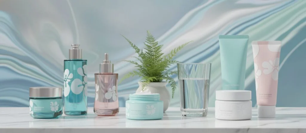 A visually appealing arrangement of the top five Korean skincare products designed for a beauty routine, displayed elegantly on a minimalist white marble countertop. In the foreground, showcase an assortment of colorful serum bottles, moisturizers, and creams with soft, embossed labels. The middle layer features a fresh green plant and a glass of water, adding a natural touch, while in the background, softly blurred, there are abstract patterns representing hydration and rejuvenation. The lighting is bright and natural, simulating daylight streaming in from a window, emphasizing freshness and cleanliness. The overall mood is serene and inviting, capturing the essence of a refined skincare ritual without any text or distracting elements.