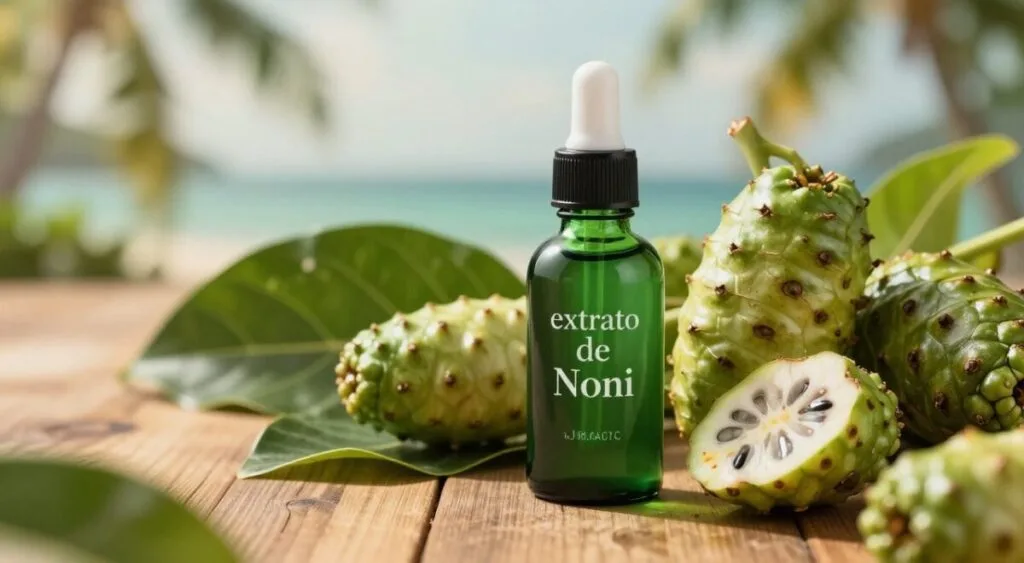 A visually appealing composition featuring an elegant bottle of "extrato de Noni" prominently displayed in the foreground, showcasing its rich, deep green liquid. Surround the bottle with lush noni fruits and fresh green leaves to highlight its natural origins. In the middle ground, incorporate a textured wooden surface that complements the organic feel. The background should be softly blurred, featuring hints of a serene tropical landscape, evoking tranquility and wellness. Utilize warm, natural lighting to create an inviting atmosphere that emphasizes the nourishing qualities of the product. Capture the scene at a slight angle to add depth, while ensuring the overall mood is soothing and rejuvenating, perfect for illustrating skincare benefits. A visually appealing composition featuring an elegant bottle of "extrato de Noni" prominently displayed in the foreground, showcasing its rich, deep green liquid. Surround the bottle with lush noni fruits and fresh green leaves to highlight its natural origins. In the middle ground, incorporate a textured wooden surface that complements the organic feel. The background should be softly blurred, featuring hints of a serene tropical landscape, evoking tranquility and wellness. Utilize warm, natural lighting to create an inviting atmosphere that emphasizes the nourishing qualities of the product. Capture the scene at a slight angle to add depth, while ensuring the overall mood is soothing and rejuvenating, perfect for illustrating skincare benefits.