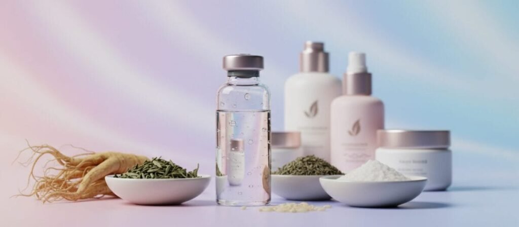 A visually captivating image showcasing hyaluronic acid and various Korean skincare ingredients. In the foreground, a sleek glass vial of hyaluronic acid with droplets glistening, surrounded by small bowls filled with natural Korean ingredients like ginseng, green tea leaves, and rice extract. In the middle, a soft-focus arrangement of skincare products featuring elegant packaging, hinting at their nourishing properties. The background is a serene, pastel gradient, suggesting tranquility and self-care, enhanced by soft, diffused lighting that highlights the textures of the ingredients. Capture this with a macro lens effect to emphasize the details, creating an inviting and luxurious atmosphere that reflects the essence of Korean skincare.
