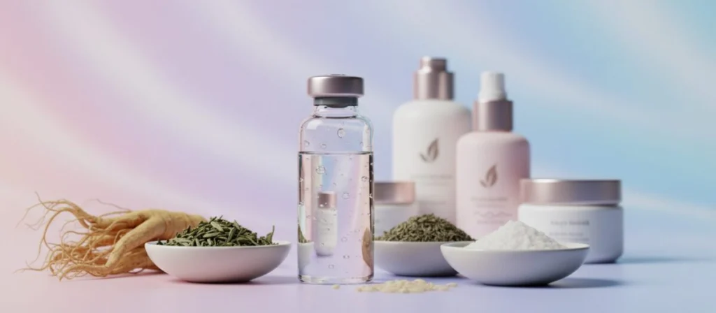 A visually captivating image showcasing hyaluronic acid and various Korean skincare ingredients. In the foreground, a sleek glass vial of hyaluronic acid with droplets glistening, surrounded by small bowls filled with natural Korean ingredients like ginseng, green tea leaves, and rice extract. In the middle, a soft-focus arrangement of skincare products featuring elegant packaging, hinting at their nourishing properties. The background is a serene, pastel gradient, suggesting tranquility and self-care, enhanced by soft, diffused lighting that highlights the textures of the ingredients. Capture this with a macro lens effect to emphasize the details, creating an inviting and luxurious atmosphere that reflects the essence of Korean skincare.