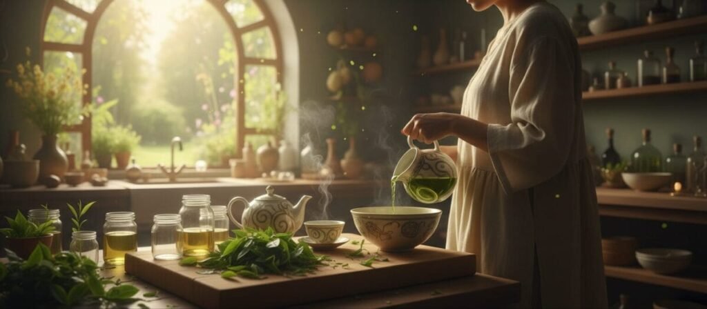 A well-lit kitchen scene showcasing the proper preparation of green tea for topical use. In the foreground, a wooden cutting board displays fresh green tea leaves and clean glass jars filled with brewed green tea. A steaming teapot with delicate patterns sits beside a small, elegant teacup. In the middle ground, a person in modest casual clothing, carefully pouring the tea mixture into a bowl, is focused on the task. The background features soft-focus kitchen shelves adorned with natural light filtering through a window, enhancing the serene and calming atmosphere. Utilize warm, inviting lighting to create a harmonious mood that emphasizes wellness and self-care. Capture the scene from a slightly elevated angle to provide depth and context.