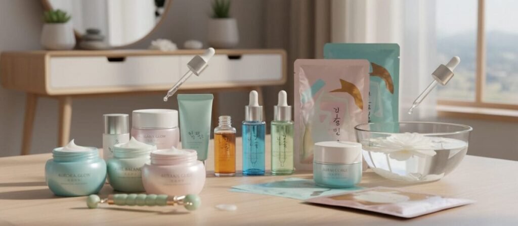 A well-organized, stylish display of Korean skincare products suitable for all skin types. In the foreground, an elegant arrangement of colorful cream jars, serums with droppers, and face masks, highlighting their textures and branding. The middle layer features a soft-focus background showcasing a minimalist vanity with natural elements like plants and stones, creating a serene atmosphere. The lighting is bright and soft, mimicking natural daylight to enhance the colors of the products. The overall mood is refreshing and inviting, emphasizing the importance of skincare and self-care rituals. Use a shallow depth of field to keep focus on the products, ensuring no text or watermarks are included.