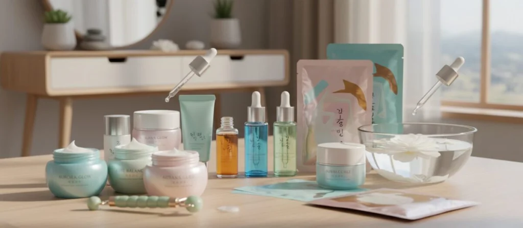 A well-organized, stylish display of Korean skincare products suitable for all skin types. In the foreground, an elegant arrangement of colorful cream jars, serums with droppers, and face masks, highlighting their textures and branding. The middle layer features a soft-focus background showcasing a minimalist vanity with natural elements like plants and stones, creating a serene atmosphere. The lighting is bright and soft, mimicking natural daylight to enhance the colors of the products. The overall mood is refreshing and inviting, emphasizing the importance of skincare and self-care rituals. Use a shallow depth of field to keep focus on the products, ensuring no text or watermarks are included.