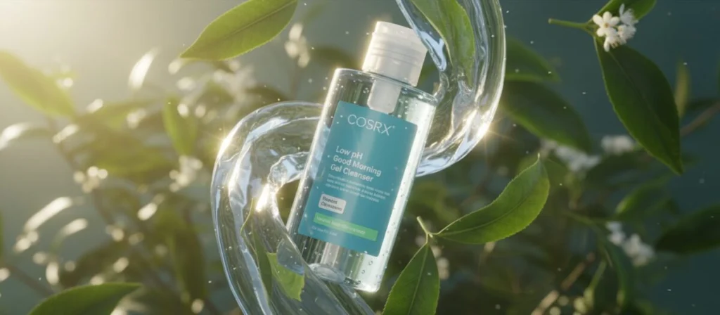 Cinematic close-up of a clear gel cleanser bottle, CosRX Low pH Good Morning Gel Cleanser, with soft water splashes and tea tree leaves in the background, bright morning sunlight, 8k resolution, minimalist skincare aesthetic.