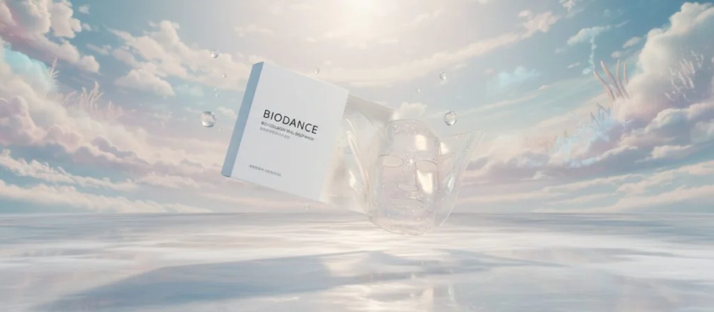 Fotografia de produto em alta resolução da Biodance Bio-Collagen Real Deep Mask, destacando a embalagem branca minimalista e a textura da máscara de hidrogel transparente, iluminação de estúdio suave, estética de luxo coreana.