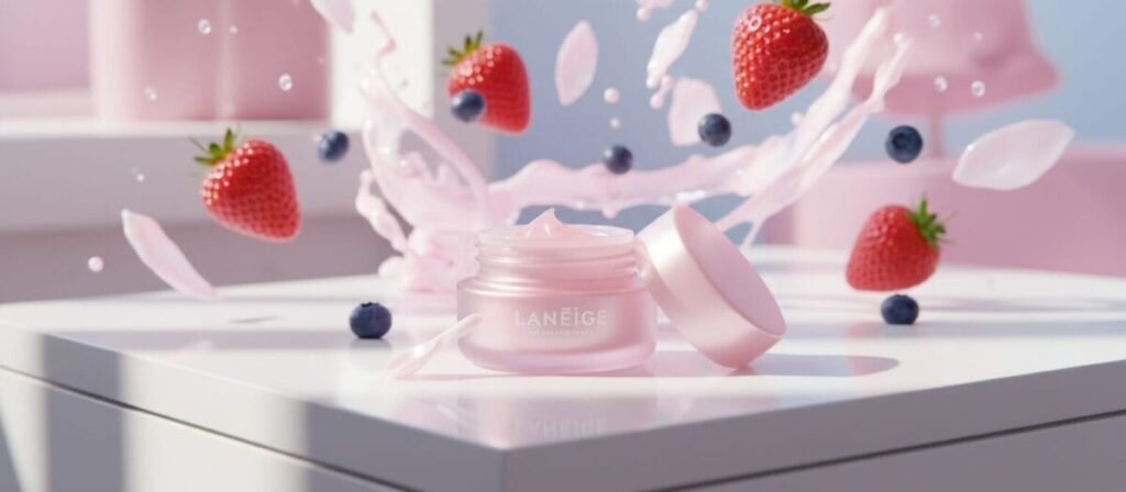 Fotografia macro de alta qualidade de um pote rosa da Laneige Lip Sleeping Mask em uma mesa de cabeceira, iluminação suave e estética com frutas de morango e mirtilo ao fundo, estilo clean girl skincare.