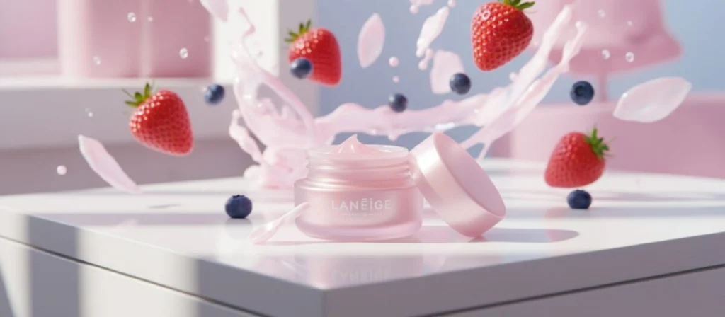 Fotografia macro de alta qualidade de um pote rosa da Laneige Lip Sleeping Mask em uma mesa de cabeceira, iluminação suave e estética com frutas de morango e mirtilo ao fundo, estilo clean girl skincare.