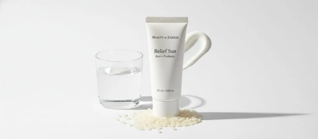 Realistic studio photography of a minimalist white tube of Beauty of Joseon Relief Sun Rice + Probiotic, soft morning sunlight reflecting on a smooth cream texture, surrounded by small rice grains and a glass of water, high-end skincare aesthetic, 4k.