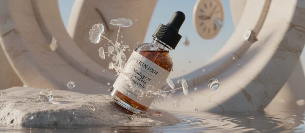 Uma fotografia macro de alta qualidade do frasco de SKIN1004 Madagascar Centella Ampoule sobre uma superfície de pedra clara com gotas de água, iluminada por luz natural suave, fundo minimalista e estético.